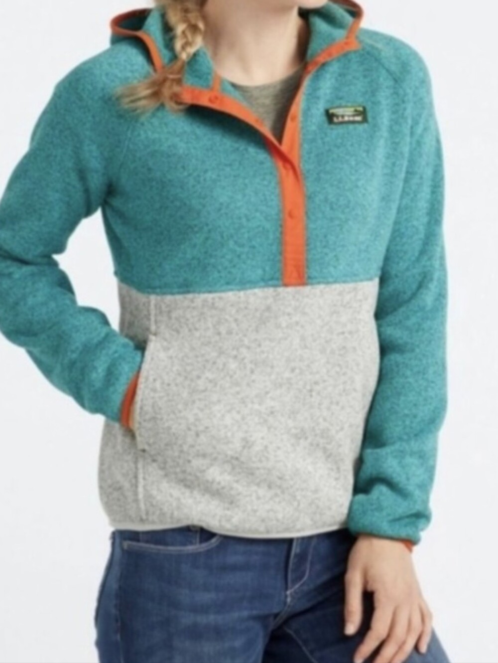 L.L. Bean Teal & Gray Pullover Hooded Fleece with Orange Trim